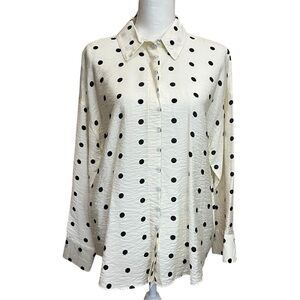 NWT Zara Polka Dots Button Up Blouse Cream and Black - Size M
